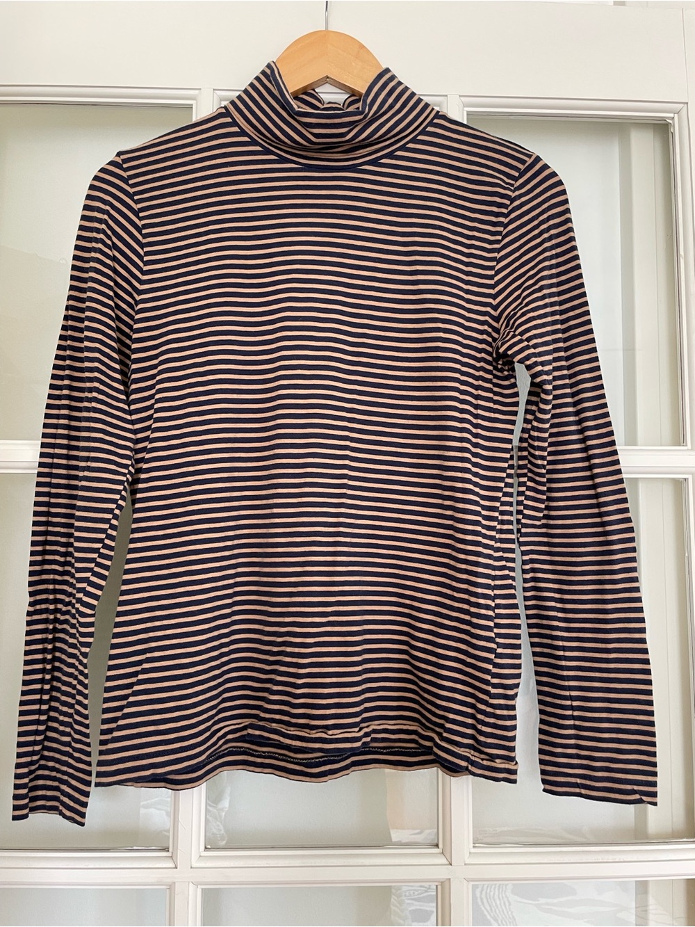 J Crew tissue turtleneck t-shirt in stripes navy blue camel 100% cotton # K4323